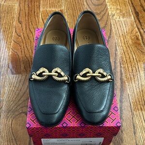 Tory Burch Black Loafers with Gold Detailing